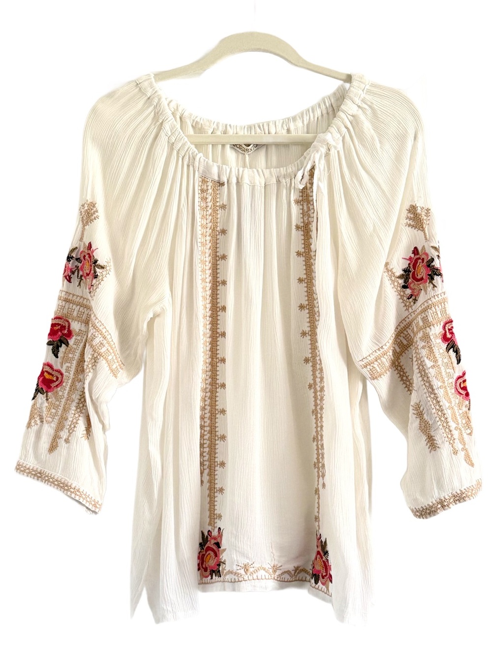 Sorrento Embroidered White Peasant Blouse with Floral Accents Large